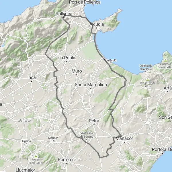 Miniatua del mapa de inspiración ciclista "Épico recorrido en bicicleta de carretera cerca de Pollença" en Illes Balears, Spain. Generado por Tarmacs.app planificador de rutas ciclistas
