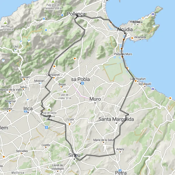 Miniaturní mapa "Okružní cesta přes Alcúdia a Sineu" inspirace pro cyklisty v oblasti Illes Balears, Spain. Vytvořeno pomocí plánovače tras Tarmacs.app