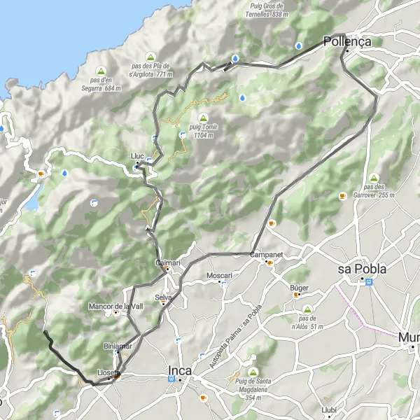 Miniatua del mapa de inspiración ciclista "Ruta de ciclismo de carretera hacia el Puig de Maria y Lluc" en Illes Balears, Spain. Generado por Tarmacs.app planificador de rutas ciclistas