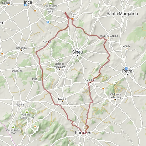 Map miniature of "Porreres to Sant Joan Gravel Ride" cycling inspiration in Illes Balears, Spain. Generated by Tarmacs.app cycling route planner