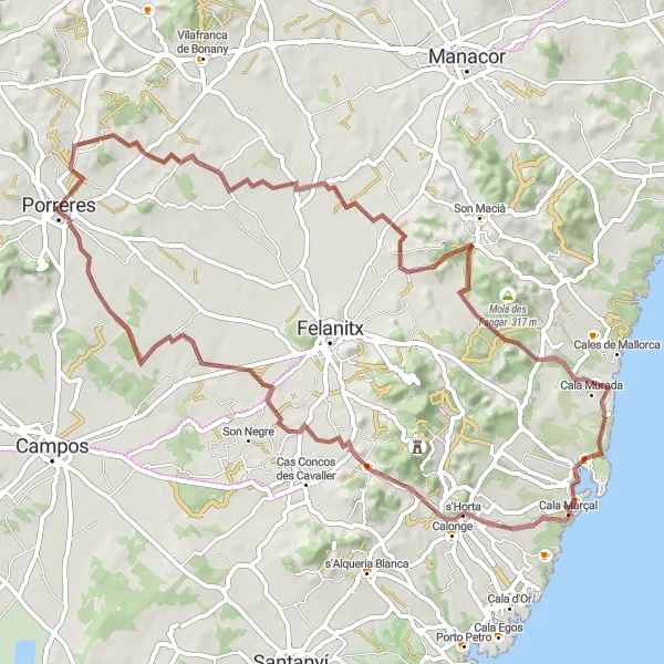 Miniatura della mappa di ispirazione al ciclismo "Rotta intorno a Porreres attraverso Portocolom e s'Horta" nella regione di Illes Balears, Spain. Generata da Tarmacs.app, pianificatore di rotte ciclistiche