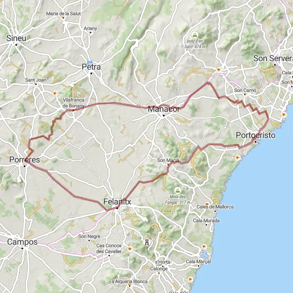 Miniatua del mapa de inspiración ciclista "Ruta de ciclismo de gravilla desde Porreres" en Illes Balears, Spain. Generado por Tarmacs.app planificador de rutas ciclistas