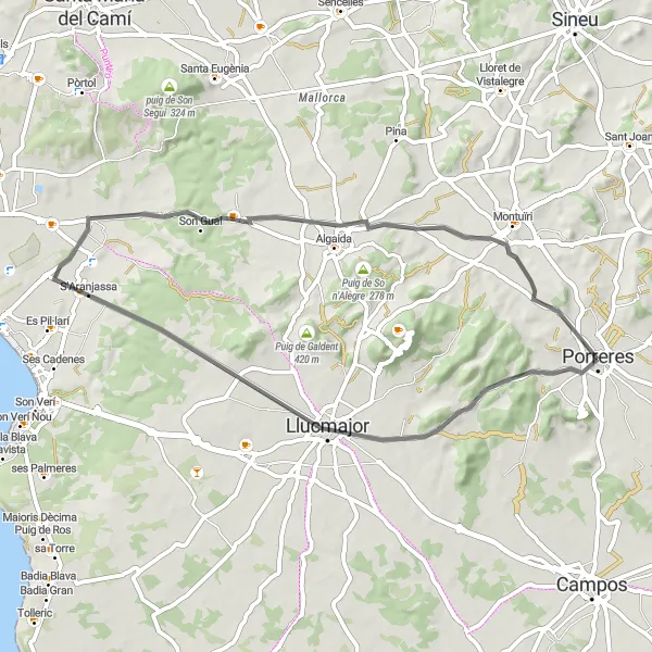Miniatua del mapa de inspiración ciclista "Ruta en carretera desde Porreres" en Illes Balears, Spain. Generado por Tarmacs.app planificador de rutas ciclistas