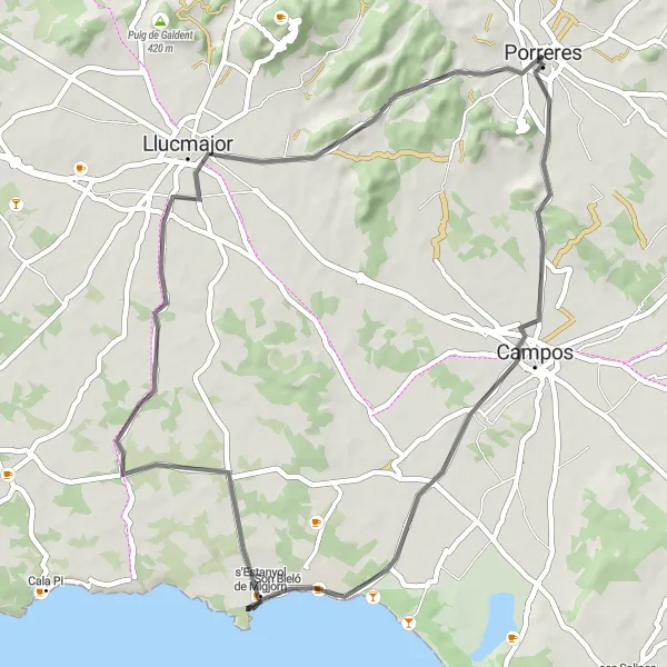 Miniatuurkaart van de fietsinspiratie "Wegfietsroute van Porreres naar Campos en Llucmajor" in Illes Balears, Spain. Gemaakt door de Tarmacs.app fietsrouteplanner
