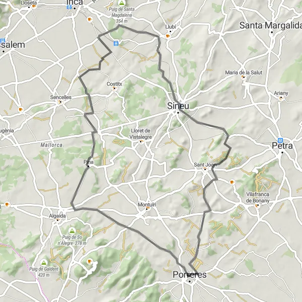 Miniatuurkaart van de fietsinspiratie "Wegfietsroute van Porreres naar Baixos de Pina, Sineu en Sant Joan" in Illes Balears, Spain. Gemaakt door de Tarmacs.app fietsrouteplanner