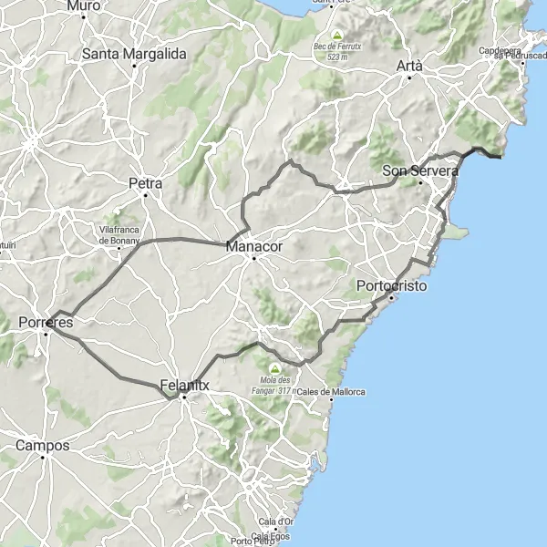 Map miniature of "Porreres to Portocolom Loop" cycling inspiration in Illes Balears, Spain. Generated by Tarmacs.app cycling route planner