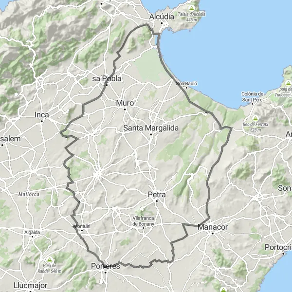 Miniatua del mapa de inspiración ciclista "Ruta de ciclismo de carretera desde Porreres" en Illes Balears, Spain. Generado por Tarmacs.app planificador de rutas ciclistas