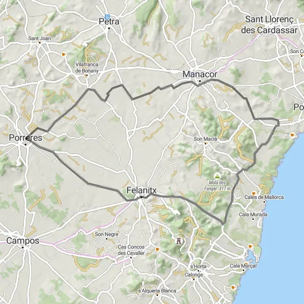 Miniatura della mappa di ispirazione al ciclismo "Giro in bicicletta tra Porreres e Manacor" nella regione di Illes Balears, Spain. Generata da Tarmacs.app, pianificatore di rotte ciclistiche