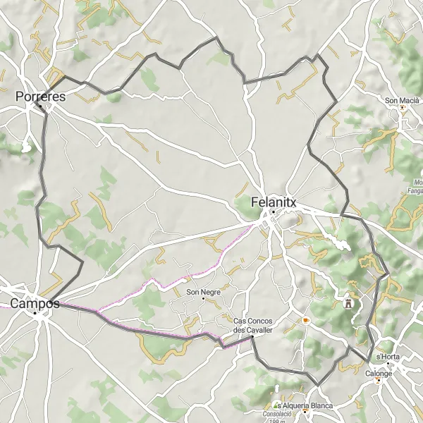 Miniatura della mappa di ispirazione al ciclismo "Escursione in bicicletta da Porreres a Campos" nella regione di Illes Balears, Spain. Generata da Tarmacs.app, pianificatore di rotte ciclistiche