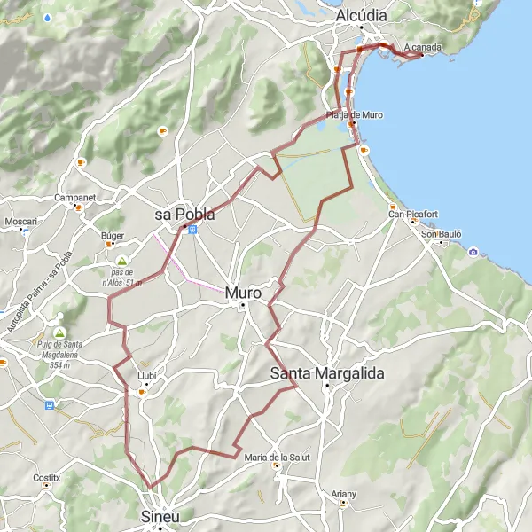 Map miniature of "Gravel Adventure: Alcúdia to Port d'Alcúdia" cycling inspiration in Illes Balears, Spain. Generated by Tarmacs.app cycling route planner