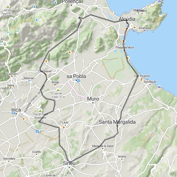 Miniaturekort af cykelinspirationen "Port d'Alcúdia tilbagecyklingsrute" i Illes Balears, Spain. Genereret af Tarmacs.app cykelruteplanlægger