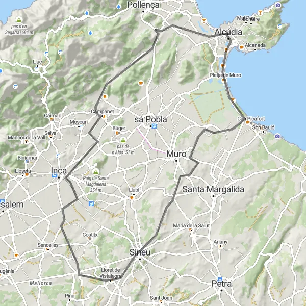 Map miniature of "Mountain Challenge: Alcúdia to Campanet" cycling inspiration in Illes Balears, Spain. Generated by Tarmacs.app cycling route planner