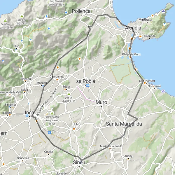 Miniaturekort af cykelinspirationen "Port d'Alcúdia til Puig de Sant Miquel III" i Illes Balears, Spain. Genereret af Tarmacs.app cykelruteplanlægger