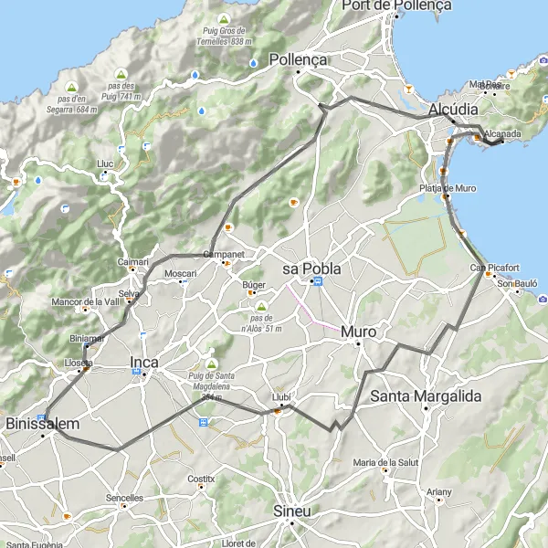 Miniaturekort af cykelinspirationen "Port d'Alcúdia til Campanet" i Illes Balears, Spain. Genereret af Tarmacs.app cykelruteplanlægger