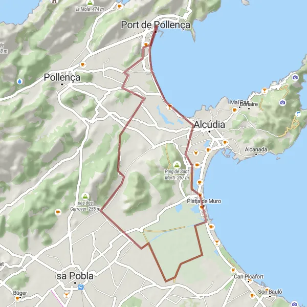 Miniatura della mappa di ispirazione al ciclismo "Giro in Gravel di 42 km per Puig de Sant Martí e Platja d'Alcúdia" nella regione di Illes Balears, Spain. Generata da Tarmacs.app, pianificatore di rotte ciclistiche