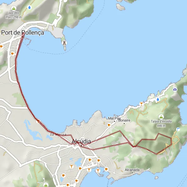 Miniatua del mapa de inspiración ciclista "Ruta en bicicleta de gravel desde Port de Pollença a Talaia d'Alcúdia" en Illes Balears, Spain. Generado por Tarmacs.app planificador de rutas ciclistas