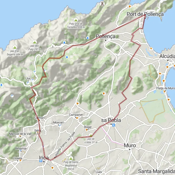 Miniaturní mapa "Gravel trasa v okolí Port de Pollença" inspirace pro cyklisty v oblasti Illes Balears, Spain. Vytvořeno pomocí plánovače tras Tarmacs.app