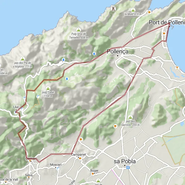 Miniatura mapy "Przejażdżka wokół Port de Pollença przez Puig de Sant Miquel i Caimari" - trasy rowerowej w Illes Balears, Spain. Wygenerowane przez planer tras rowerowych Tarmacs.app