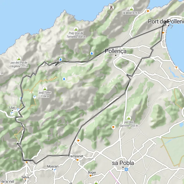 Miniatua del mapa de inspiración ciclista "Ruta en bicicleta de carretera desde Port de Pollença a Coll de Femenia" en Illes Balears, Spain. Generado por Tarmacs.app planificador de rutas ciclistas