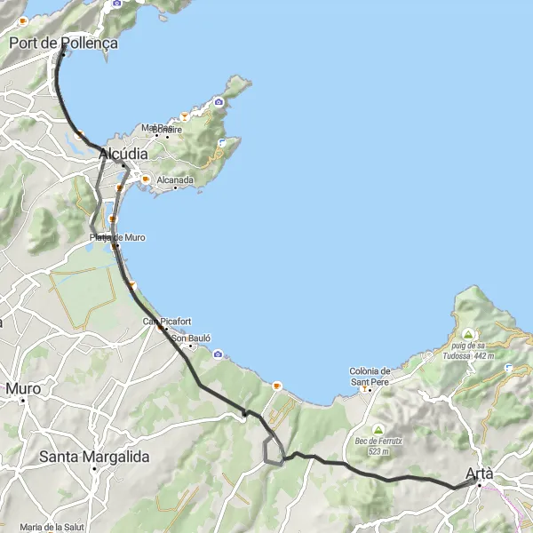 Miniatua del mapa de inspiración ciclista "Ruta en bicicleta de carretera desde Port de Pollença a Can Picafort" en Illes Balears, Spain. Generado por Tarmacs.app planificador de rutas ciclistas