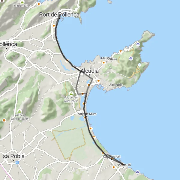 Miniature de la carte de l'inspiration cycliste "Parcours panoramique autour d'Alcúdia" dans la Illes Balears, Spain. Générée par le planificateur d'itinéraire cycliste Tarmacs.app