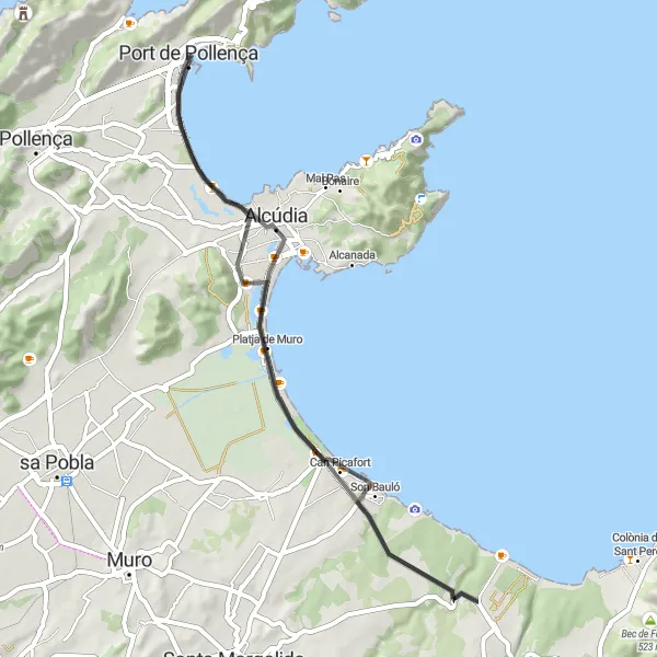 Miniatua del mapa de inspiración ciclista "Ruta en bicicleta de carretera desde Port de Pollença a Platja de Muro" en Illes Balears, Spain. Generado por Tarmacs.app planificador de rutas ciclistas