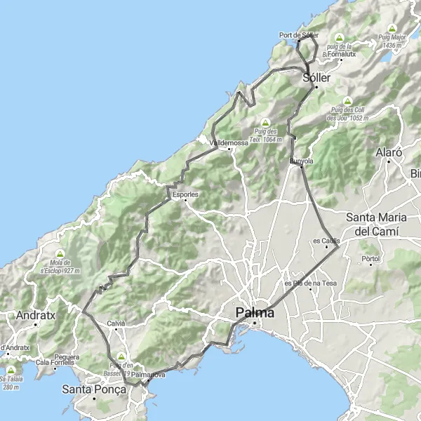 Miniature de la carte de l'inspiration cycliste "Le défi du Coll de Sóller" dans la Illes Balears, Spain. Générée par le planificateur d'itinéraire cycliste Tarmacs.app