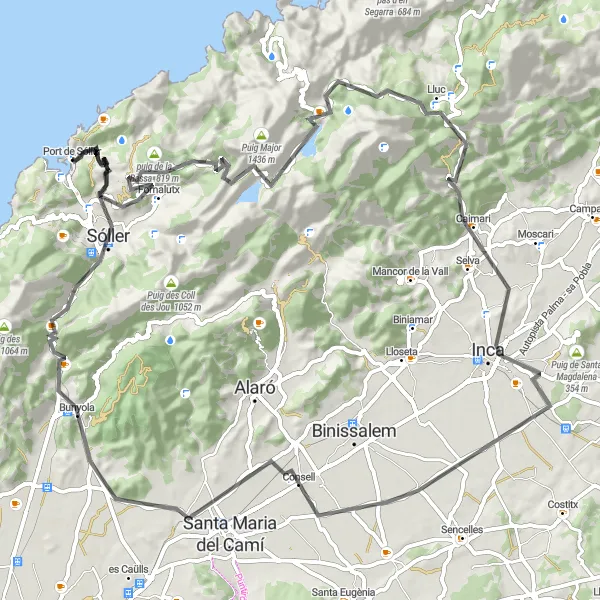 Miniature de la carte de l'inspiration cycliste "Tour de Sóller et Lluc" dans la Illes Balears, Spain. Générée par le planificateur d'itinéraire cycliste Tarmacs.app