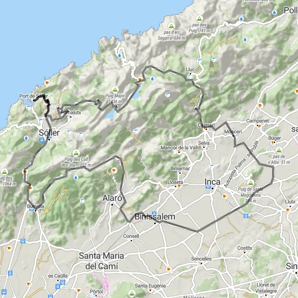 Miniature de la carte de l'inspiration cycliste "Boucle à travers les Collines de Majorque" dans la Illes Balears, Spain. Générée par le planificateur d'itinéraire cycliste Tarmacs.app
