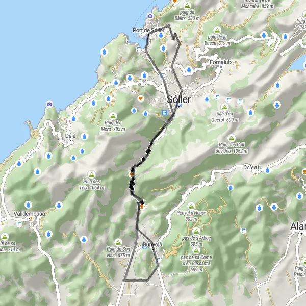 Miniature de la carte de l'inspiration cycliste "Le Tour de Coll de Sóller" dans la Illes Balears, Spain. Générée par le planificateur d'itinéraire cycliste Tarmacs.app