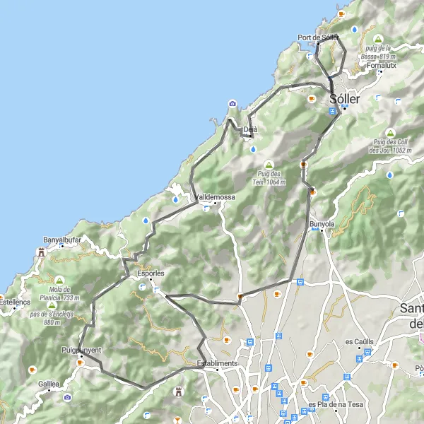 Miniature de la carte de l'inspiration cycliste "Route panoramique de Port de Sóller à Puig de na Fàtima" dans la Illes Balears, Spain. Générée par le planificateur d'itinéraire cycliste Tarmacs.app