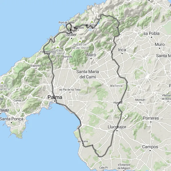 Miniatura della mappa di ispirazione al ciclismo "Sfida ciclistica tra i paesaggi di Port de Sóller" nella regione di Illes Balears, Spain. Generata da Tarmacs.app, pianificatore di rotte ciclistiche