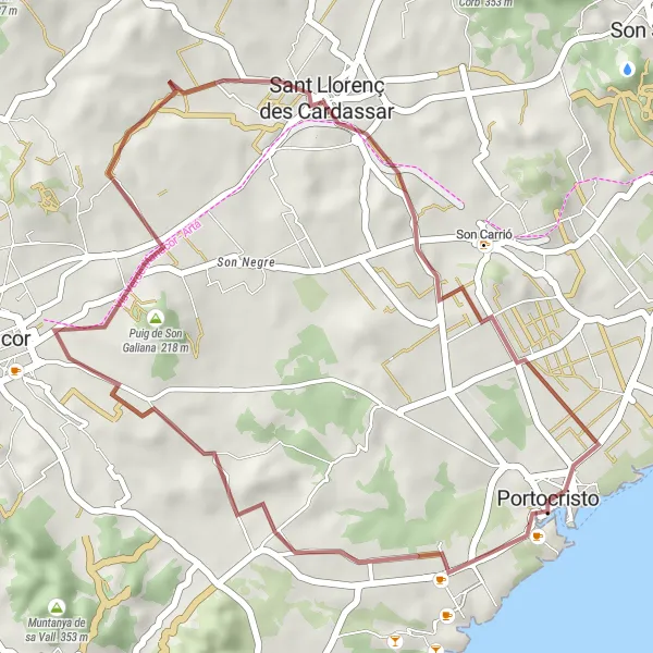 Miniatua del mapa de inspiración ciclista "Ruta de gravilla hacia Porto Cristo" en Illes Balears, Spain. Generado por Tarmacs.app planificador de rutas ciclistas