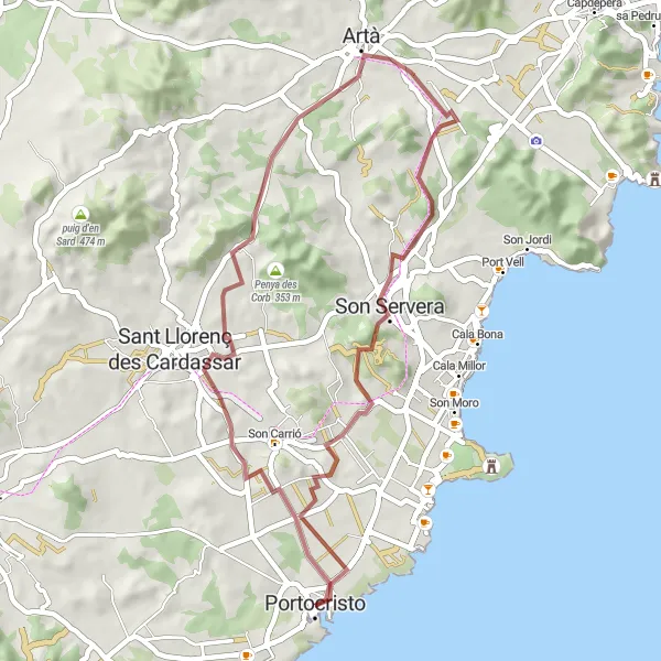 Miniature de la carte de l'inspiration cycliste "Aventure en Gravel à Majorque" dans la Illes Balears, Spain. Générée par le planificateur d'itinéraire cycliste Tarmacs.app
