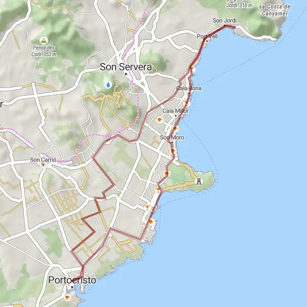 Miniature de la carte de l'inspiration cycliste "Escapade en VTT autour de Porto Cristo" dans la Illes Balears, Spain. Générée par le planificateur d'itinéraire cycliste Tarmacs.app