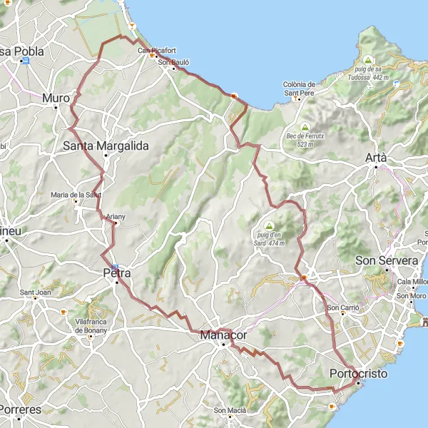 Miniaturekort af cykelinspirationen "Den udfordrende grusrute" i Illes Balears, Spain. Genereret af Tarmacs.app cykelruteplanlægger