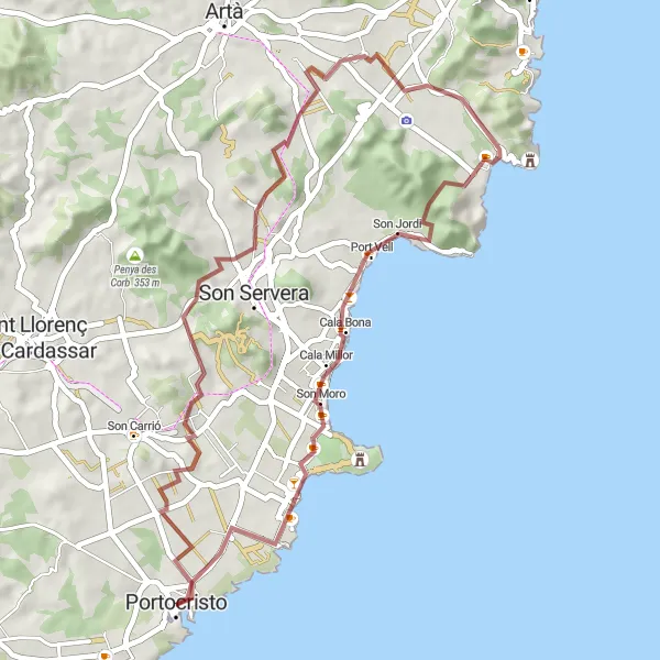 Miniatua del mapa de inspiración ciclista "Ruta en bicicleta de grava desde Porto Cristo" en Illes Balears, Spain. Generado por Tarmacs.app planificador de rutas ciclistas