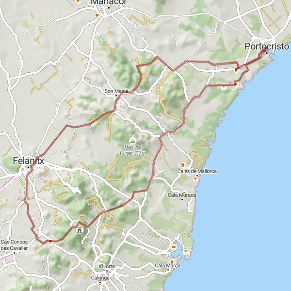Map miniature of "Route around Porto Cristo" cycling inspiration in Illes Balears, Spain. Generated by Tarmacs.app cycling route planner