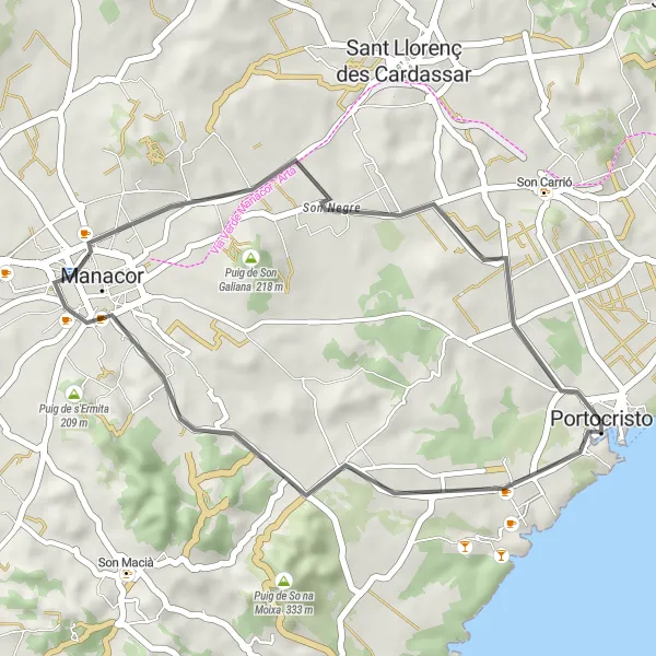 Miniatua del mapa de inspiración ciclista "Ruta Circular en Bicicleta de Carretera desde Porto Cristo" en Illes Balears, Spain. Generado por Tarmacs.app planificador de rutas ciclistas
