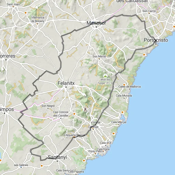 Miniaturní mapa "Silnice s výstupem do nadmořské výšky 626 metrů dlouhá 93 kilometrů" inspirace pro cyklisty v oblasti Illes Balears, Spain. Vytvořeno pomocí plánovače tras Tarmacs.app