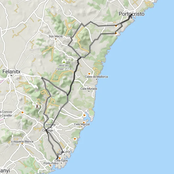 Miniatua del mapa de inspiración ciclista "Ruta de ciclismo de carretera desde Porto Cristo" en Illes Balears, Spain. Generado por Tarmacs.app planificador de rutas ciclistas