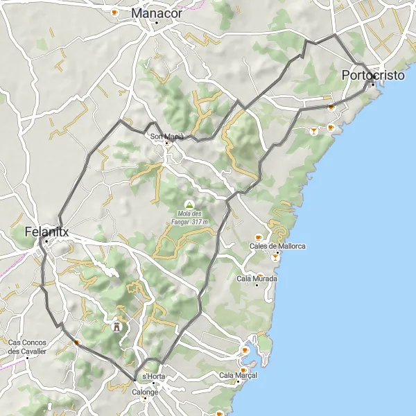 Miniaturekort af cykelinspirationen "Porto Cristo Circuit" i Illes Balears, Spain. Genereret af Tarmacs.app cykelruteplanlægger