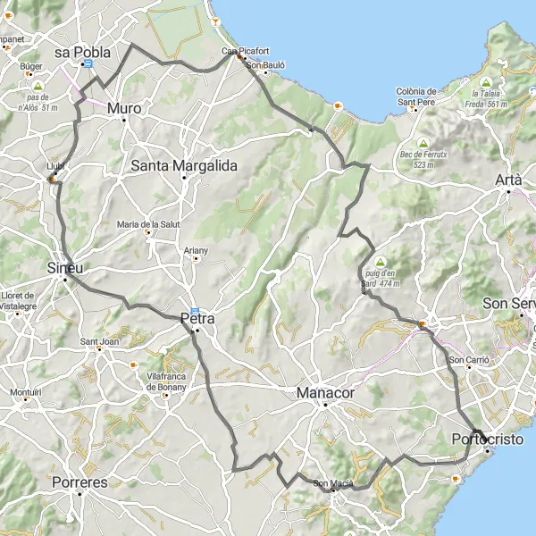 Map miniature of "Coastal and Countryside Road Cycling Route" cycling inspiration in Illes Balears, Spain. Generated by Tarmacs.app cycling route planner