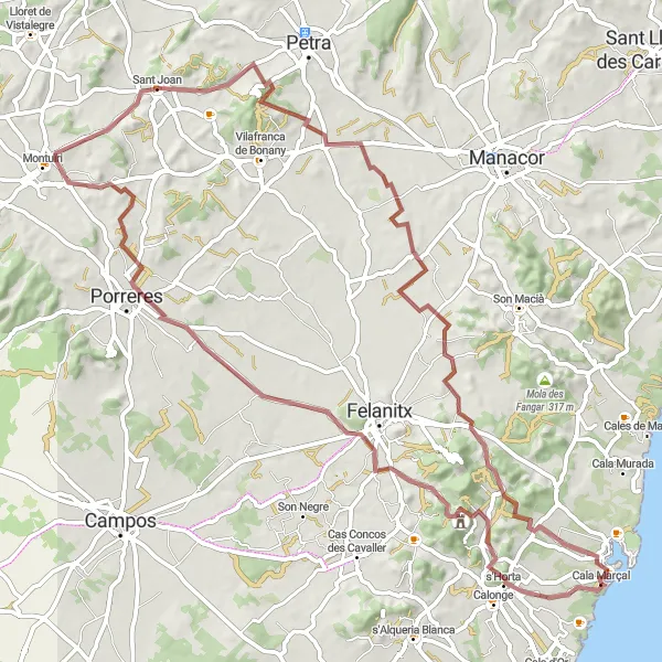 Miniatua del mapa de inspiración ciclista "Expedición a través de Cala Marçal y puig de sa Talaia" en Illes Balears, Spain. Generado por Tarmacs.app planificador de rutas ciclistas