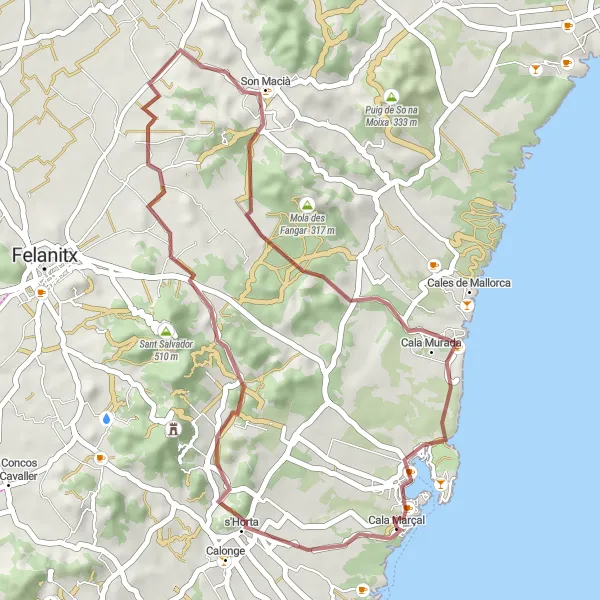 Map miniature of "A Short and Scenic Gravel Adventure near Portocolom" cycling inspiration in Illes Balears, Spain. Generated by Tarmacs.app cycling route planner
