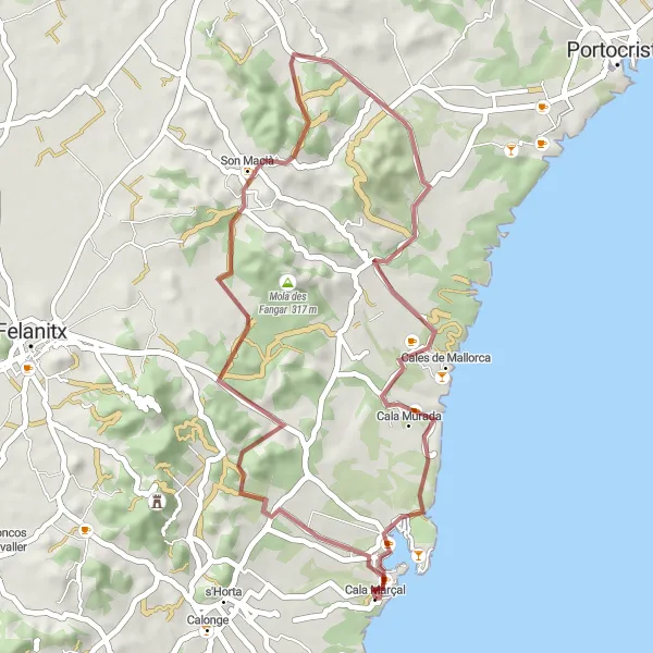 Miniature de la carte de l'inspiration cycliste "Tour de la Côte Est Majorquine" dans la Illes Balears, Spain. Générée par le planificateur d'itinéraire cycliste Tarmacs.app