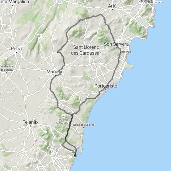 Miniaturekort af cykelinspirationen "Udfordrende landevejscykelrute til Portocolom" i Illes Balears, Spain. Genereret af Tarmacs.app cykelruteplanlægger