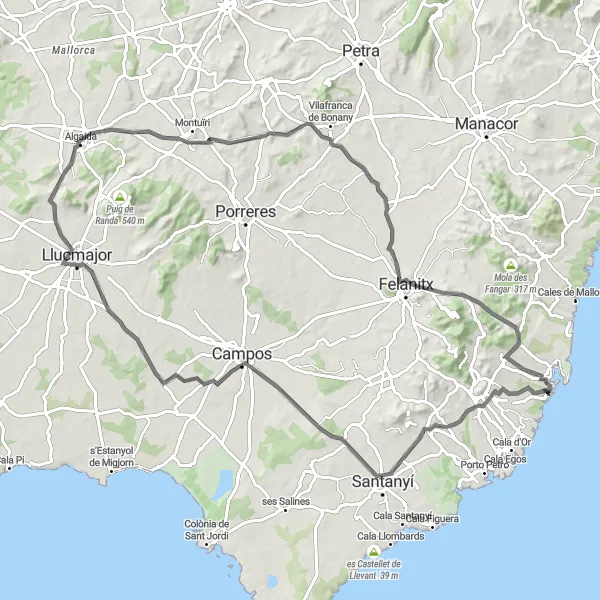 Map miniature of "A Coastal Expedition from Portocolom" cycling inspiration in Illes Balears, Spain. Generated by Tarmacs.app cycling route planner