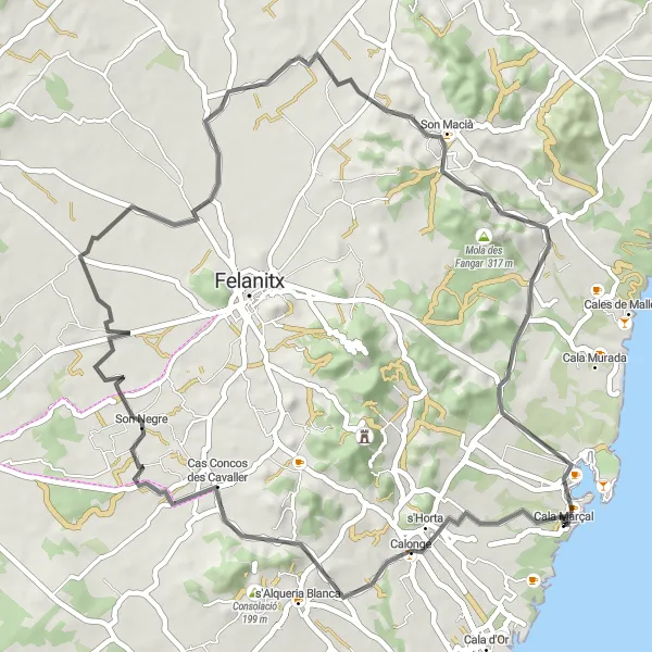 Miniatura della mappa di ispirazione al ciclismo "Giro ciclistico da Portocolom a Puig de sa Bandera" nella regione di Illes Balears, Spain. Generata da Tarmacs.app, pianificatore di rotte ciclistiche