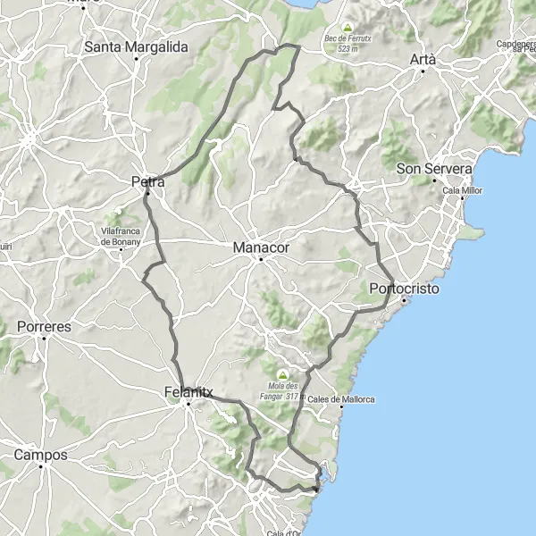 Miniaturekort af cykelinspirationen "Long road cycling route to Portocolom" i Illes Balears, Spain. Genereret af Tarmacs.app cykelruteplanlægger